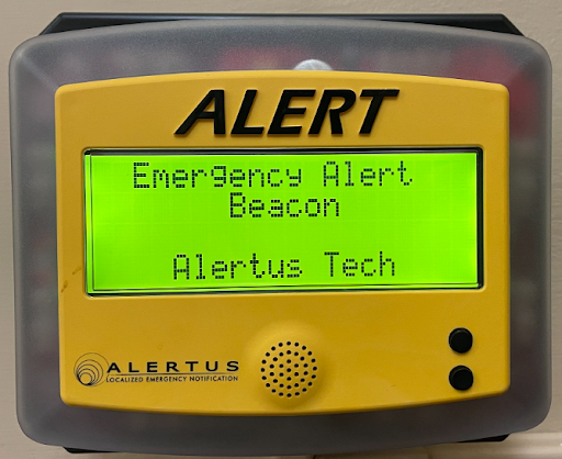 Image of Alertus Beacon installed throughout VCU to alert community during emergencies. Screen says, “Emergency Alert Beacon. Alertus Tech.”